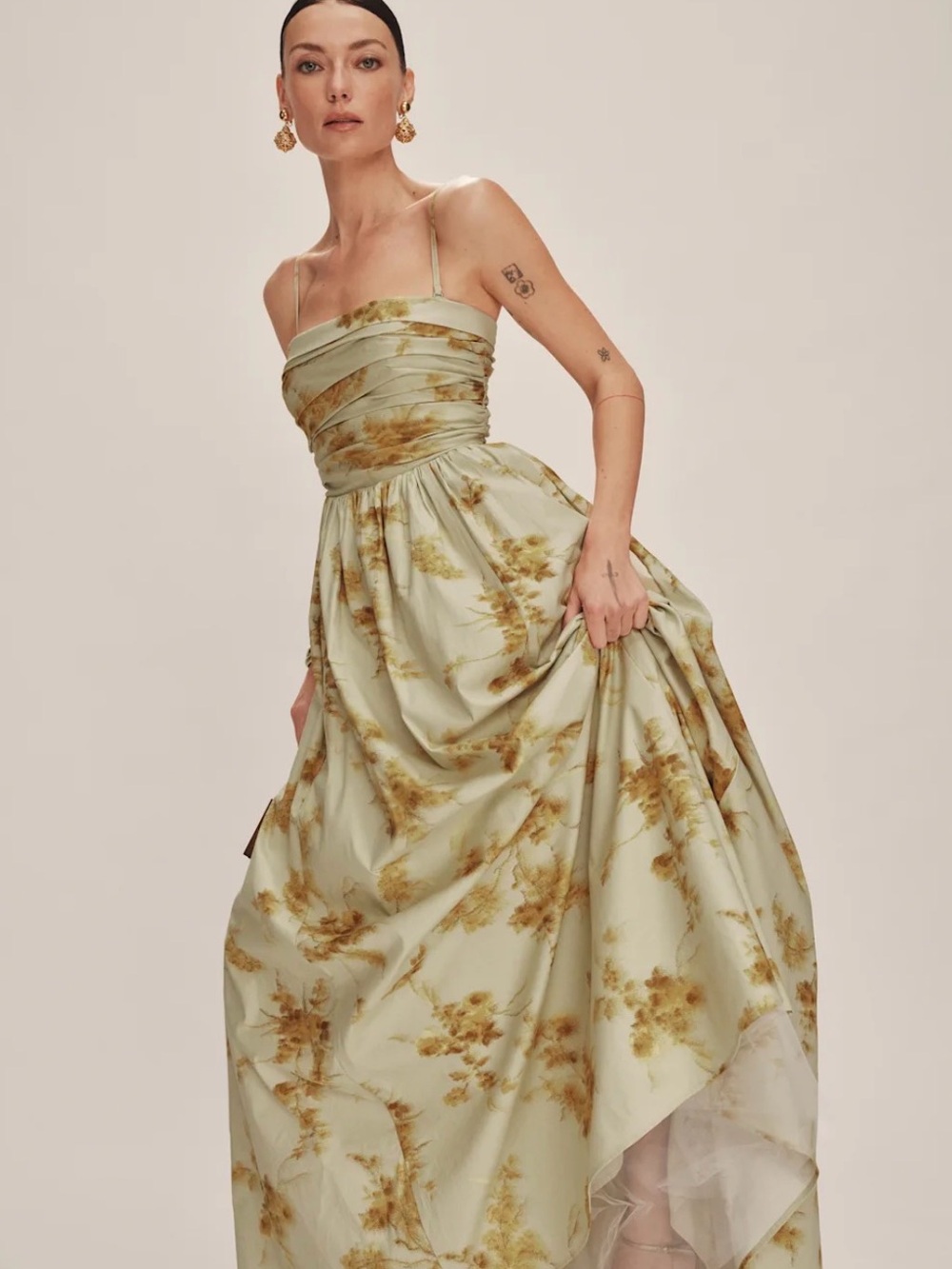 Reformation Sage Green Floral Strap Dress with Gold-Brown Print - Picture 5 of 13